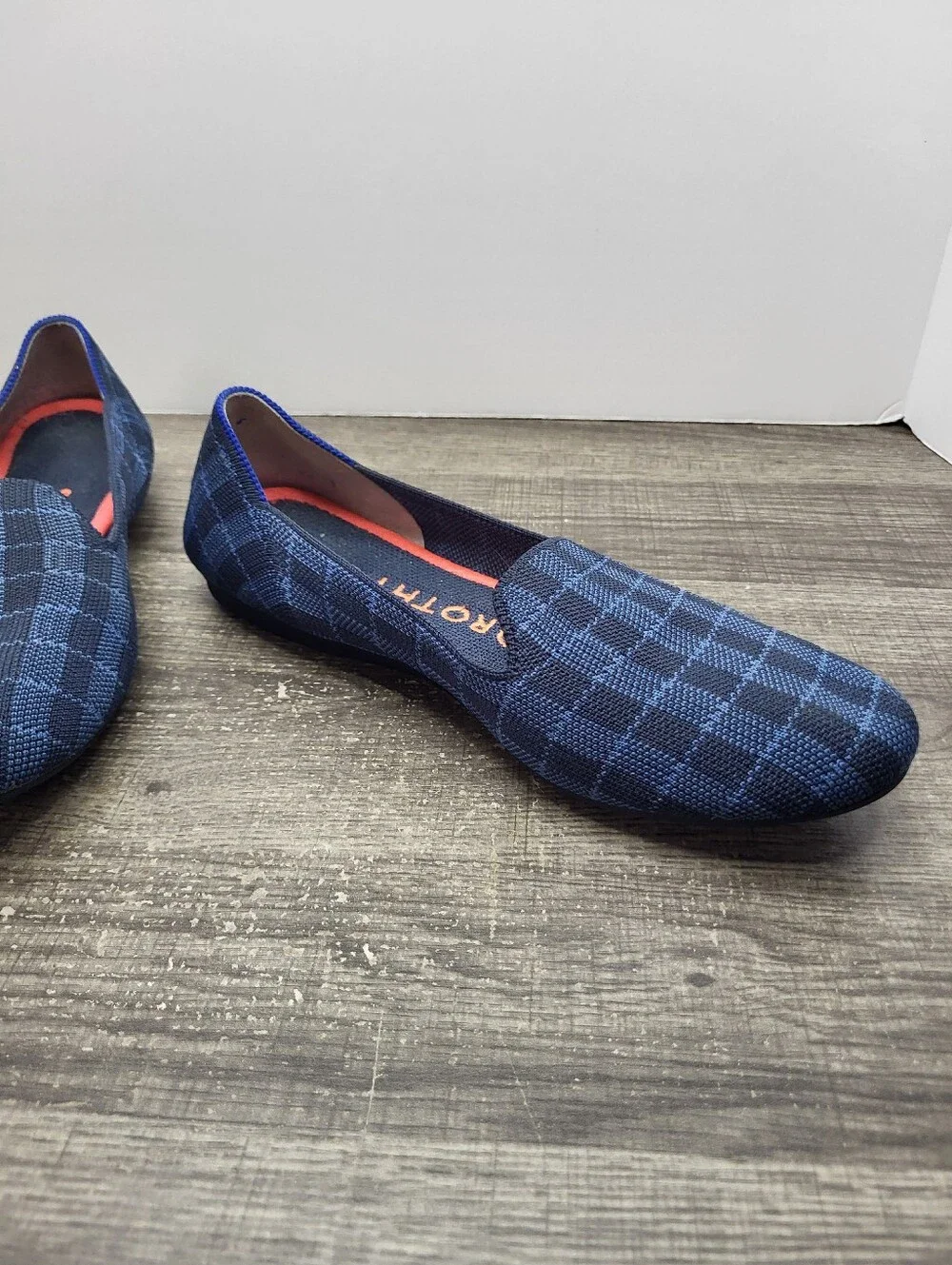 Rothy's The Flat Retired Navy Orange Plaid Luxury Ballet Flats Loafers Women's 8